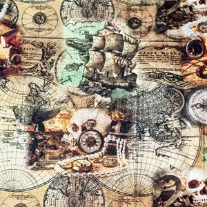 Alterung, Seemann, Piratenstoff, Schatzstoff, Totenkopfstoff, Piratenschiffstoff, Kompass, alter Kartenstoff, Polsterstoff, Vorhangstoff