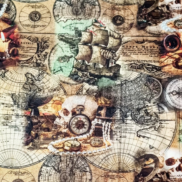 Aging, sailor, pirate fabric, treasure fabric, skull fabric, pirate ship fabric, compass, old map fabric, upholstery, curtain fabric