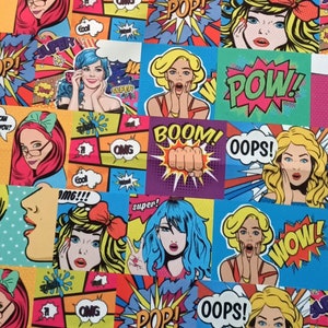 Pop art, comic art book print fabric,  woman man print fabric, funny art print vintage retro colorful fabric super,  boom, omg, wow print
