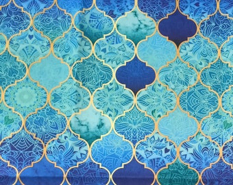 Turquoise Blue Moroccan ethnic patterned fabric, navy blue color fabric for home textile upholstery chair, sofa, home decor