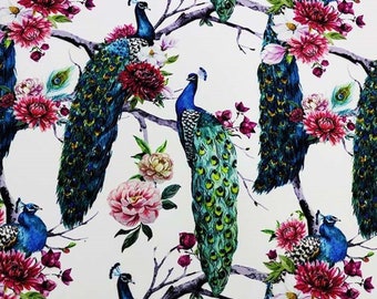 Peacock fabric, teal upholstery fabric, by the yard floral fabric, chair fabric, sofa fabric, curtain fabric, lamp shades fabric, DIY fabric
