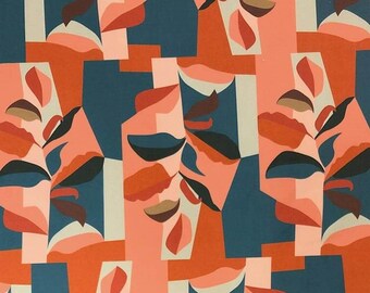 Abstract Leaf print fabric by the yard bohemian decor, abstract orange fabric, orange Blue upholstery, curtains,chair fabrics