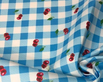 Blue gingham cherry fabric, blue plaid by the yard, cherry table cloth, blue kitchen decor, blue plaid upholstery, blue plaid table runner