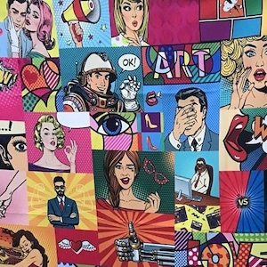 pop art Retro fabric, 50s, 60s,70s, Pop art, clipart fabric, woman man print upholstery fabric, by the yard DIY fabric, craft project fabric