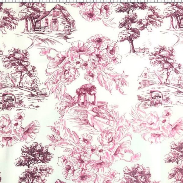 Chinoise toile de Jouy fabric, Upholstery Fabric, pink Toile Fabric, Country Farmhouse, Cottage Fabric, French Country Home,  Shabby French