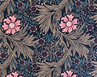 May include: A dark blue fabric with a repeating pattern of pink and white flowers, brown leaves, and dark blue and black leaves.