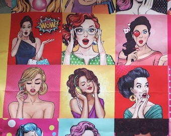 Pop art, comic art book print fabric,  woman man print fabric, funny art print vintage retro colorful fabric for upholstery, curtain fabric