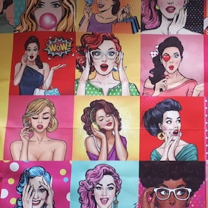 Pop art, comic art book print fabric,  woman man print fabric, funny art print vintage retro colorful fabric for upholstery, curtain fabric