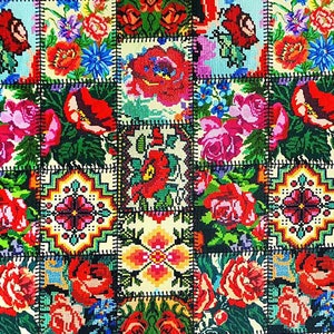 Vintage Crossstitch Patchwork fabric by the yard, rose flowered colorful fabric upholstery, curtain, chair bag fabric, diy fabric