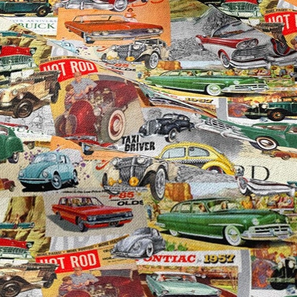 Retroclassic Car print fabric, american 60s 70s 80s vintage retro fabric by the yard upholstery, curtain, chair, tote bag fabric