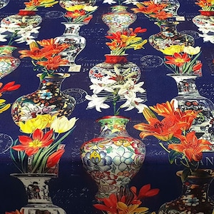 vintage fabric, Blue faience porcelain, bowl,pot with flower fabric, plate with leaf fabric, for home fabric for vintage decor, diy fabric