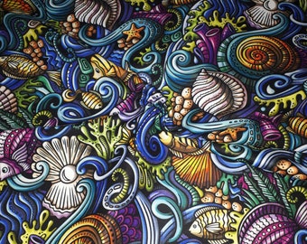 Mussel fabric, fish fabric, reef fabric, sea fabric, upholstery fabric, hand bagfabric, drapery, curtains, tote bag,sofa fabric