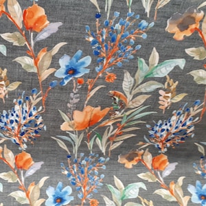 Watercolor orange flower, blue flower upholstery fabric for home decor, vibrant color decorative fabric
