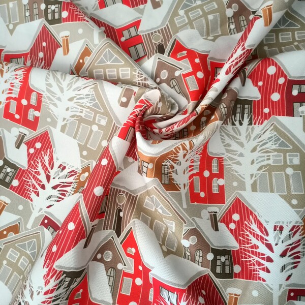 Scandinavian winter houses, christmas fabric, winter decor, modern curtain fabric, home decor textile by the yard upholstery