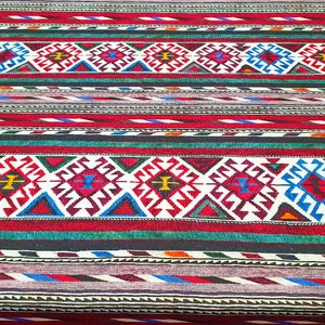 Tribal aztec fabric, red blue uphosltery turkish kilim fabric, chair sofa fabric bench fabric craft fabric