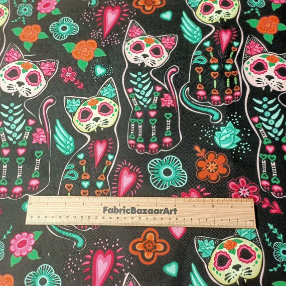pillow fabrics Skull cat comic flower with skull,Halloween mexican design Fabric for home textile product cranium brainpan home decor