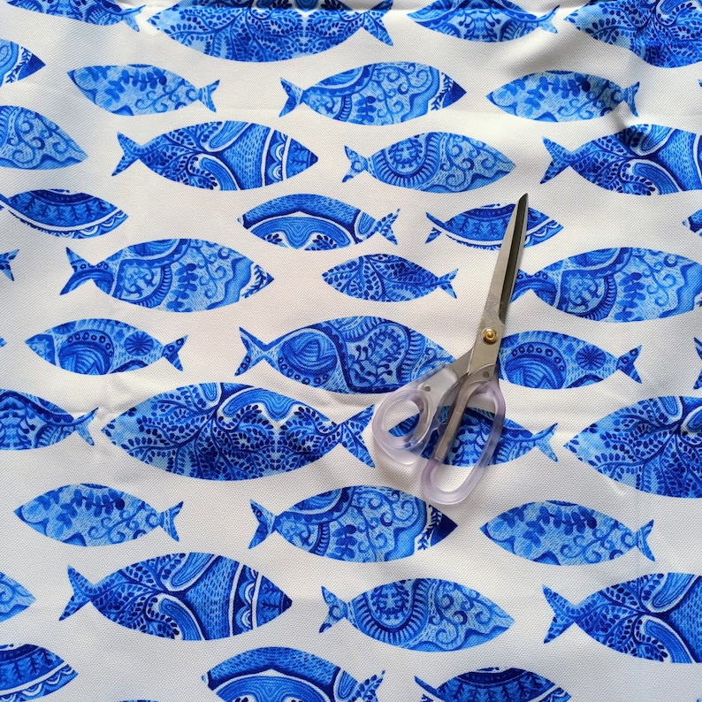 Blue Fish Pattern Fabric Marina Modern Fish Design Fabric for Etsy