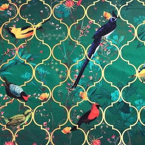 鳥柄生地、東洋の花柄鳥柄生地、緑のモロッコ生地、ヌーボー調の室内装飾品、カーテン生地、椅子、ソファ、ベンチ、シェード生地