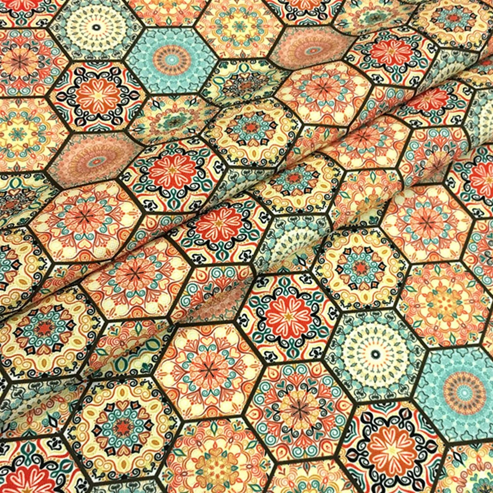 Hexagon Laticce Fabric, Authentic Moroccan Pattern Yellow Orange