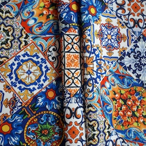 Portuguese ceramic tile, majolika faience, ceramic print fabric for home textile, upholstery and cushion, curtain, pillow fabric, home decor