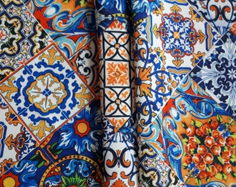 Portuguese ceramic tile, majolika faience, ceramic print fabric for home textile, upholstery and cushion, curtain, pillow fabric, home decor