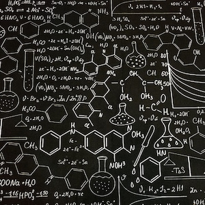 Black and White Chemistry Formula science Patterned Fabric, experiment molecule chemistry fabric, H20 suppliers laboratory fabric