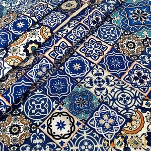 Ceramic tile fabric, Portuguese style majolika faience print upholstery curtain chair fabricby the yard