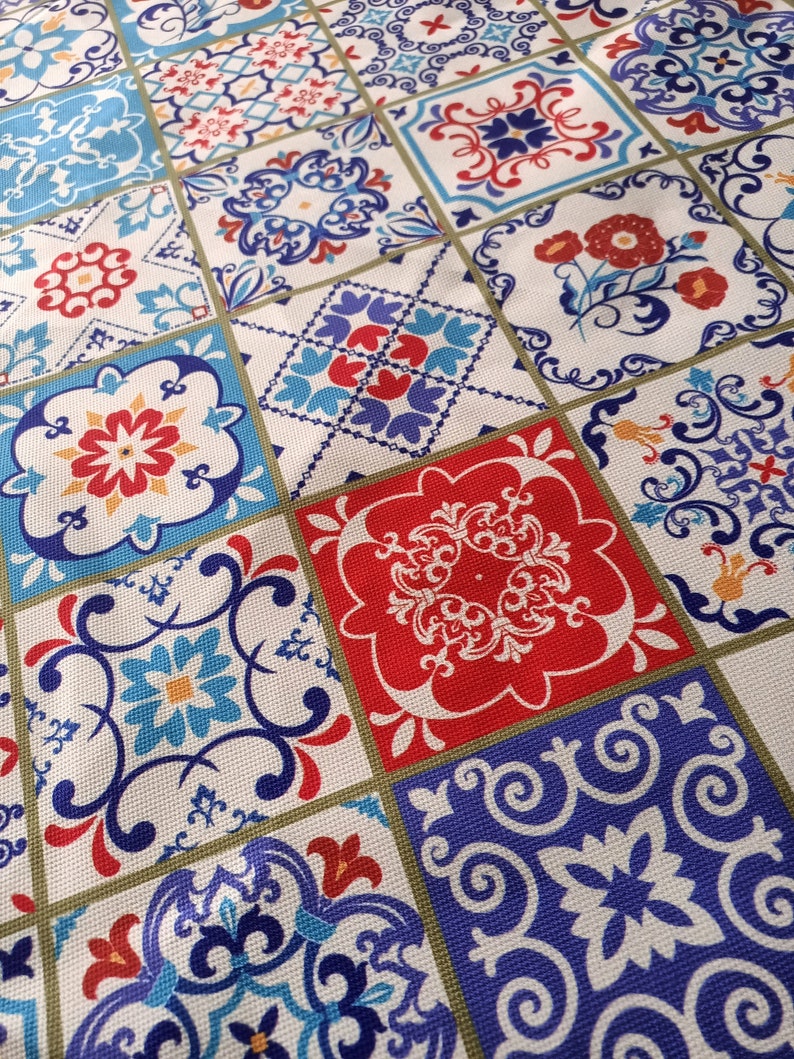 Spanish Tiles Print Fabric by the Yard Upholstery Blue White Etsy