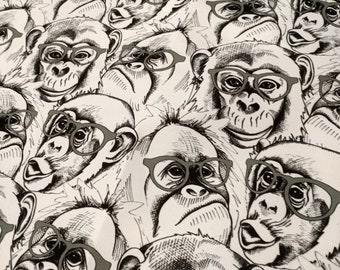 Monkey print fabric, black white upholstery,  crazy monkey print fabric, monkey curtain chair fabric, craft fabric, bag fabric