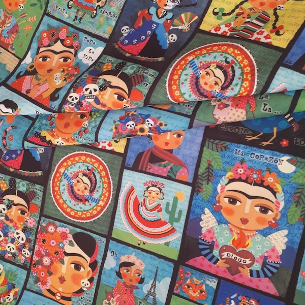 Arte pop, tela con estampado de niñas, tela colorida retro vintage de arte divertido, tela con patrón de niña mexicana para bolso, cortina de almohada, proyecto personalizado