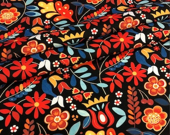 Bohemian floral fabric, Boho fabric, orange floral fabric,leaf and flower fabric, orange floral upholstery, orange  floral fabric