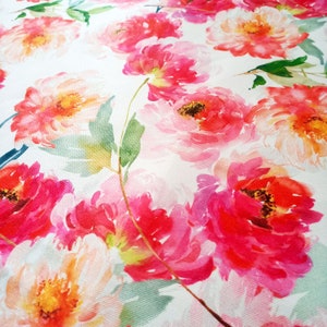 Soft fuchsia red pink paint flower fabric, peony floral upholstery, curtain fabric, shades fabric, fuchsia floral fabric, bag fabric,