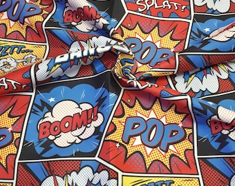 Pop art, comic art book print fabric, upholstery curtain fabric, funny art print vintage retro colorful fabric boom! bang! pop! splat!