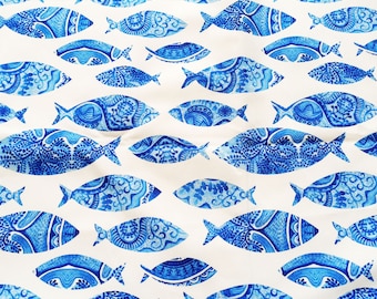 Blue fish fabric, fish print fabric, upholstery fabric, hand bag fabric, curtains, tote bag fabric