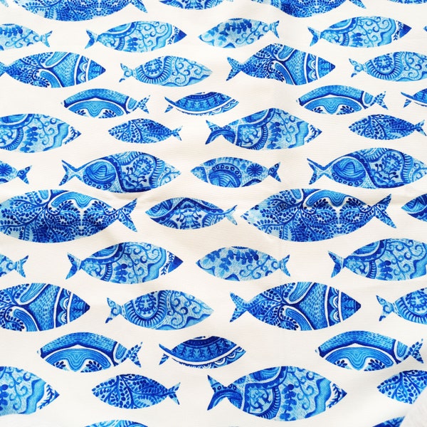 Blue fish fabric, fish print fabric, upholstery fabric, hand bag fabric, curtains, tote bag fabric