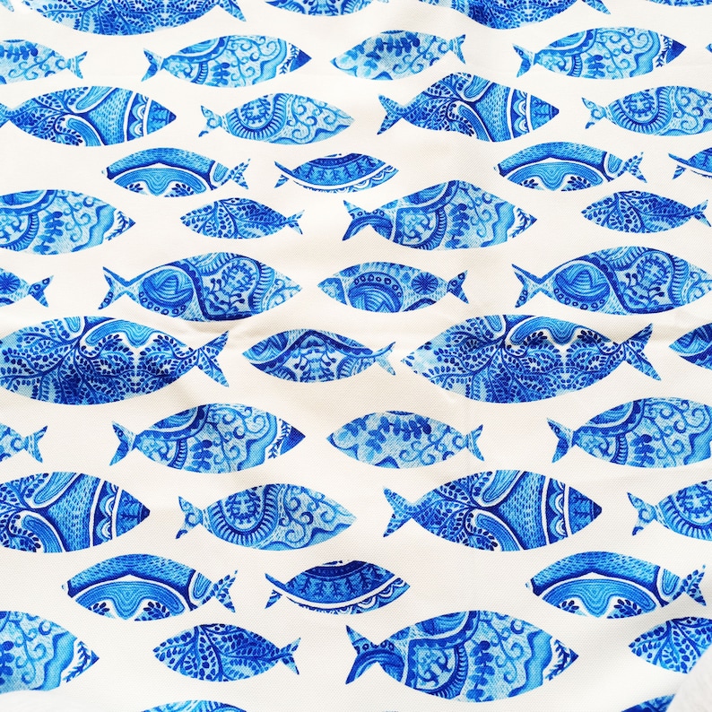 Blue Fish Pattern Fabric Marina Modern Fish Design Fabric for Etsy