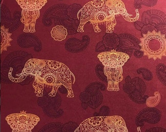 Indian Elephant print, claret red paisley pattern fabric, Asian elephant fabric, Asian elephant design upholstery by the yard