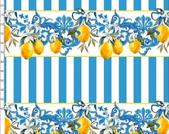 Baroque lemon fabric, baroque style upholstery fabric, lemon blue vintage home decor, vintage patterned home textile
