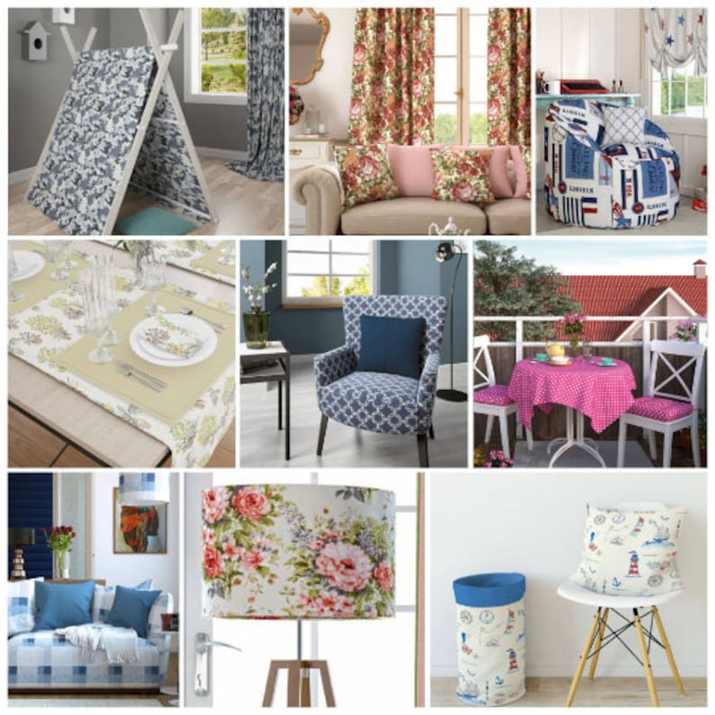 May include: A collection of home decor items, including a teepee, curtains, pillows, a chair, a table setting, a lampshade, a laundry basket, and a pillow. The items feature floral, nautical, and geometric patterns in various colors.