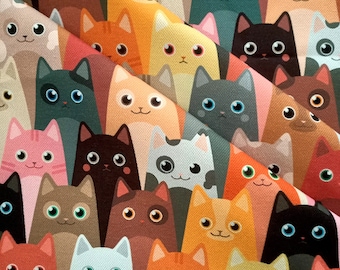 Tela de gato, tela DIY, tapicería, tela para cortinas, amante de los gatos, tela con estampado de gatitos en rosa, negro, amarillo, blanco y marrón, tela para banco