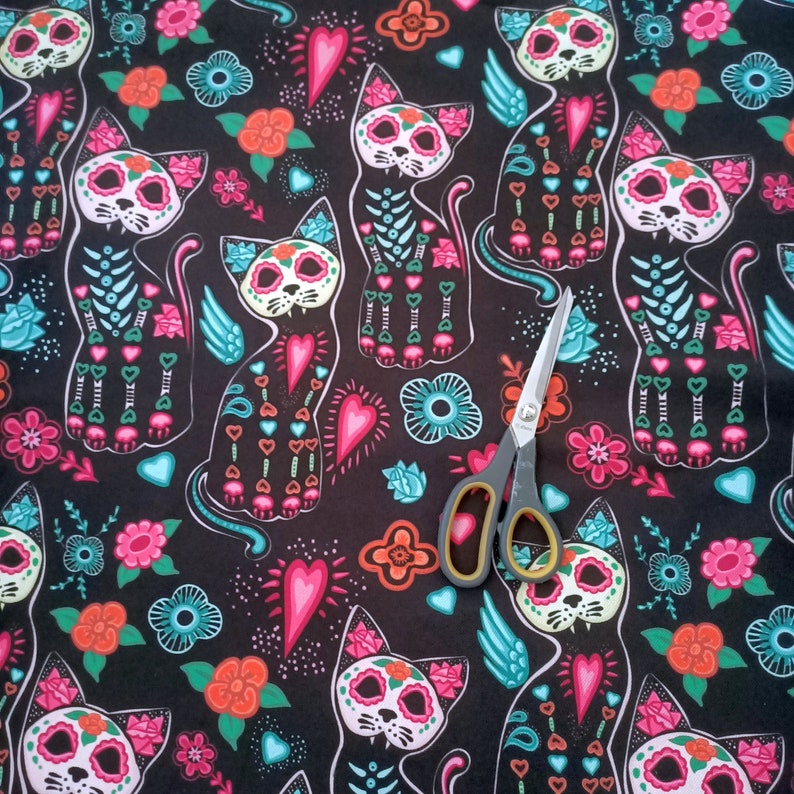 pillow fabrics Skull cat comic flower with skull,Halloween mexican design Fabric for home textile product cranium brainpan home decor