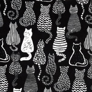 1ヤードあたりの猫生地、ポップアートの黒と白の猫プリント生地、カーテンや椅子の室内装飾用の子猫プリント生地 DIY 生地