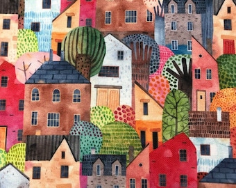 Country Houses print fabric, city houses, modern scandinavian home print fabric for upholstery, red house, white house, white house print