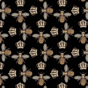 Royal Gold Embroidery Bee pattern fabric for fashion, Crown on a Black Background fabric for home textile,hand bag, upholstery, Wall Decor