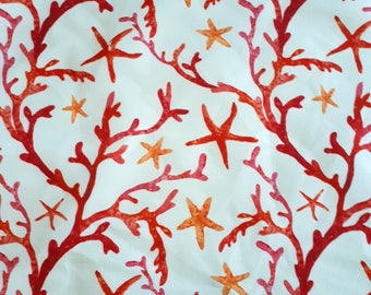 Starfish and coral print upholstery fabric, sea summer theme print fabric, coral color design fabric, marina, yacht design fabric