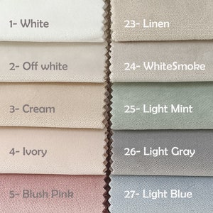 Może przedstawiać: Karta wzorników pokazująca 10 różnych kolorów tkanin. Kolory to: Biały, Kremowy, Krem, Kości słoniowa, Różowy, Len, Biały dym, Jasna mięta, Jasnoszary i Jasnoniebieski.