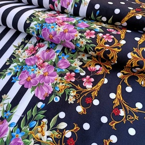 Pink Flower print fabric,  striped upholstery, dot print fabric, curtain fabric, DIY fabric, couch fabric, by the yard fabric, shades fabric