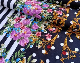 Pink Flower print fabric,  striped upholstery, dot print fabric, curtain fabric, DIY fabric, couch fabric, by the yard fabric, shades fabric