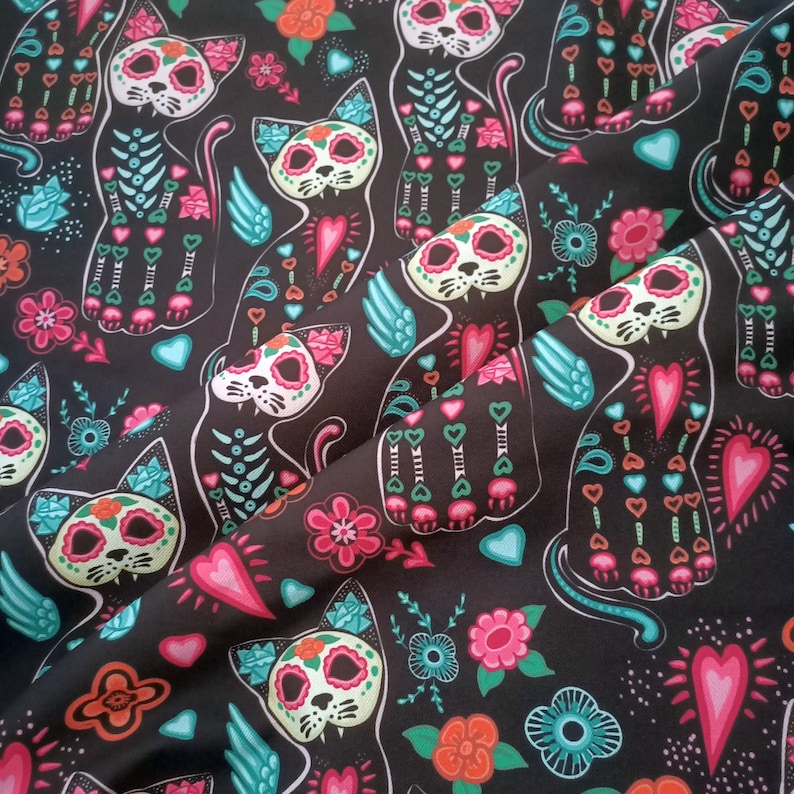 pillow fabrics Skull cat comic flower with skull,Halloween mexican design Fabric for home textile product cranium brainpan home decor