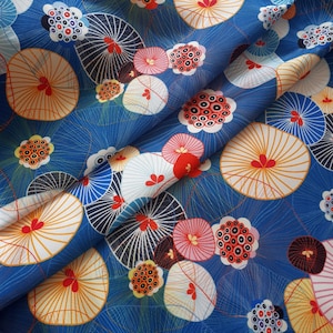 Mushroom Japanese upholstery fabric, blue modern fabric, Diy project fabric, modern circle fabric by the yard drapery fabric, chair fabric image 1